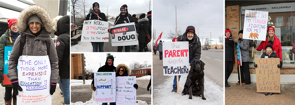 collage of teachers striking in the snow