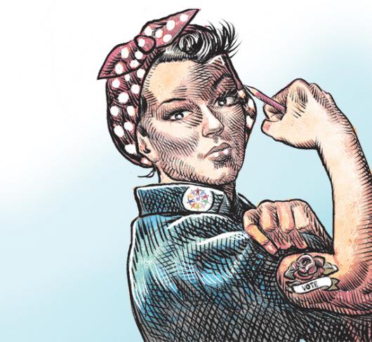 Illustration of woman flexing muscle. Illustration by Michael de Adder