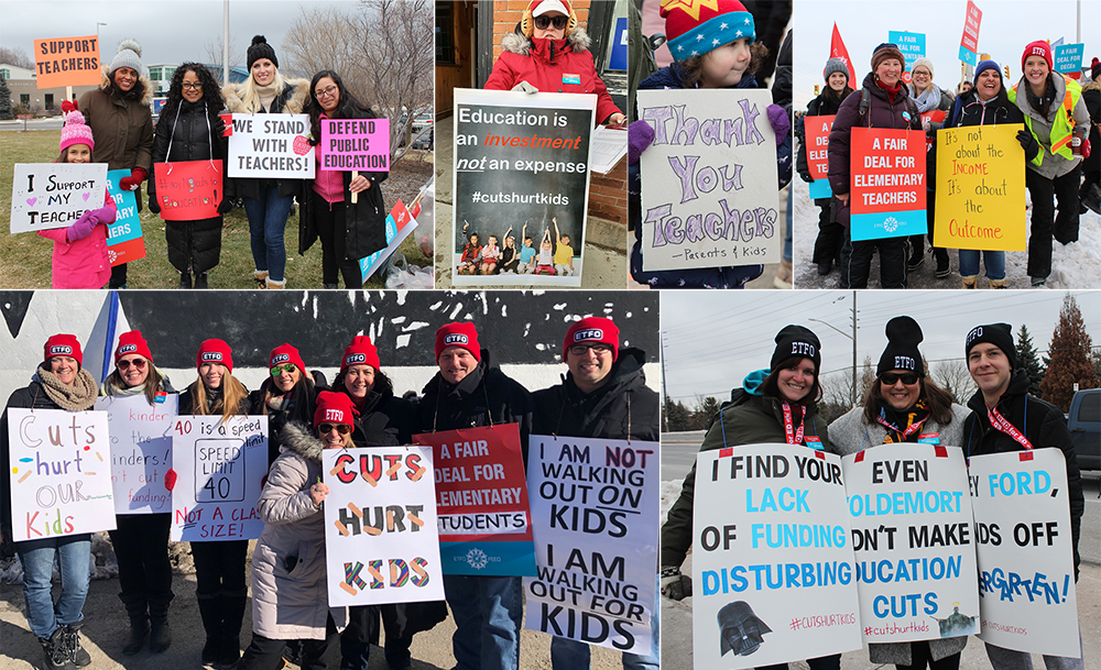 collage of teachers striking in the snow