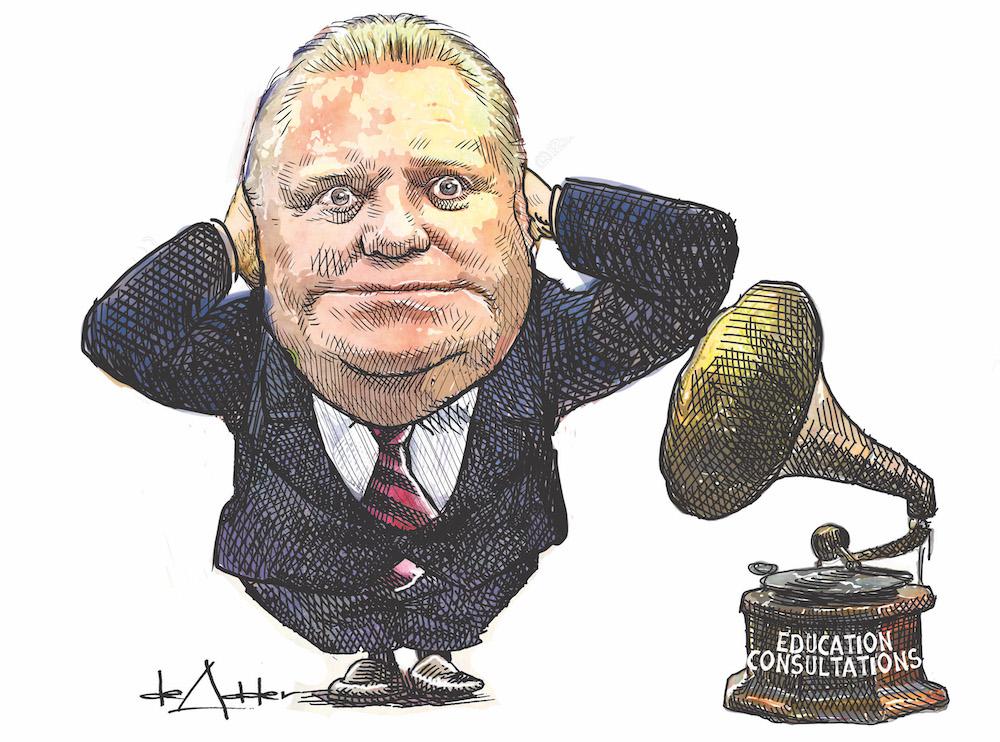 Illustration of Doug Ford covering ears standing next to speaker with "Education Consultations" written on it