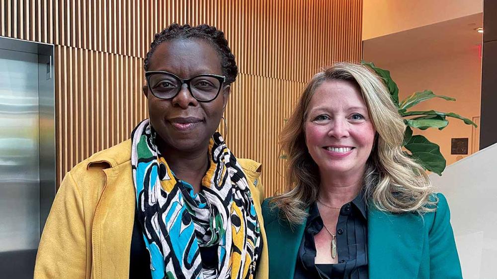 Marit Stiles and Karen Brown posing at ETFO headquarters