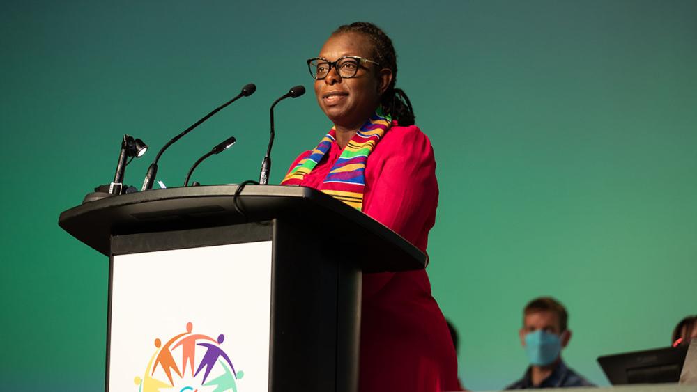 ETFO President Karen Brown speaking at February Representative Council