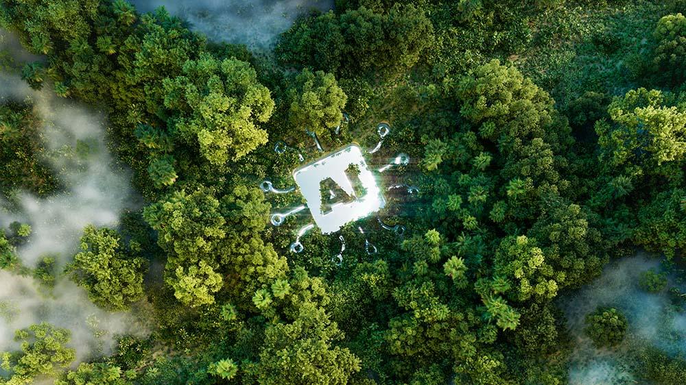 Graphic showing the word "AI" in the middle of a forest from the perspective of a satellite
