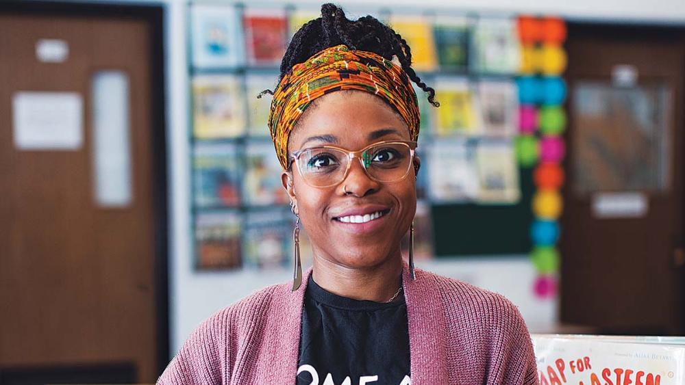 Tamla Young posing in library