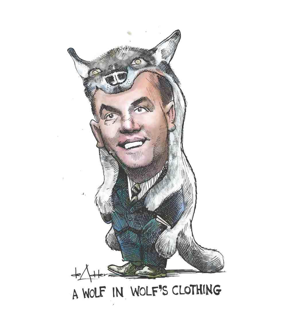 comic animation of Hudak dressed in wolf's skin