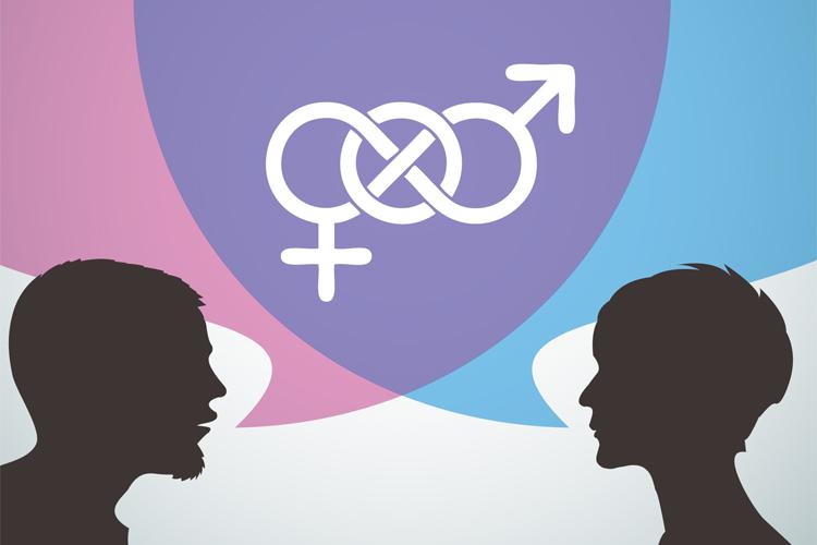 graphic of male and female silhouettes with speech bubbles indicating a conversation about gender