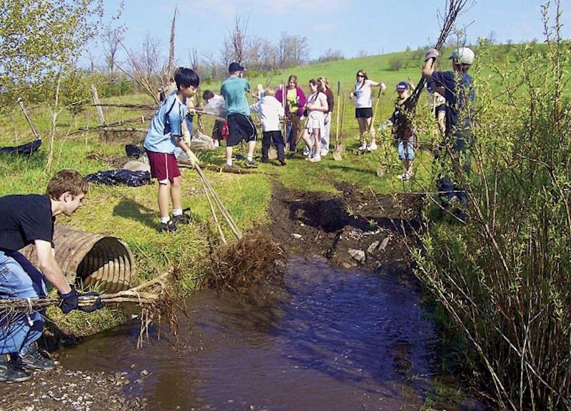 students working outside next to pond