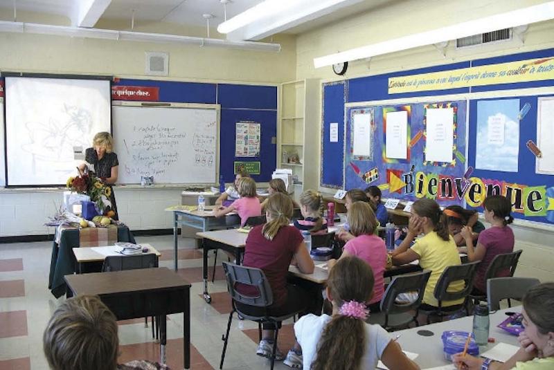 Teacher using projector to teach classroom