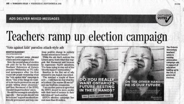 newspaper clipping that reads "Teachers ramp up election campaign"