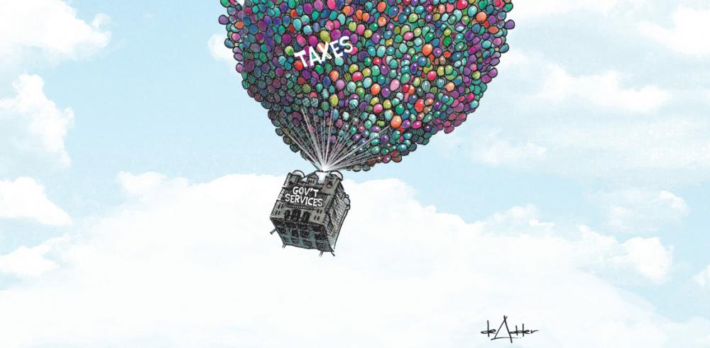 Drawing of house being carried away by balloons