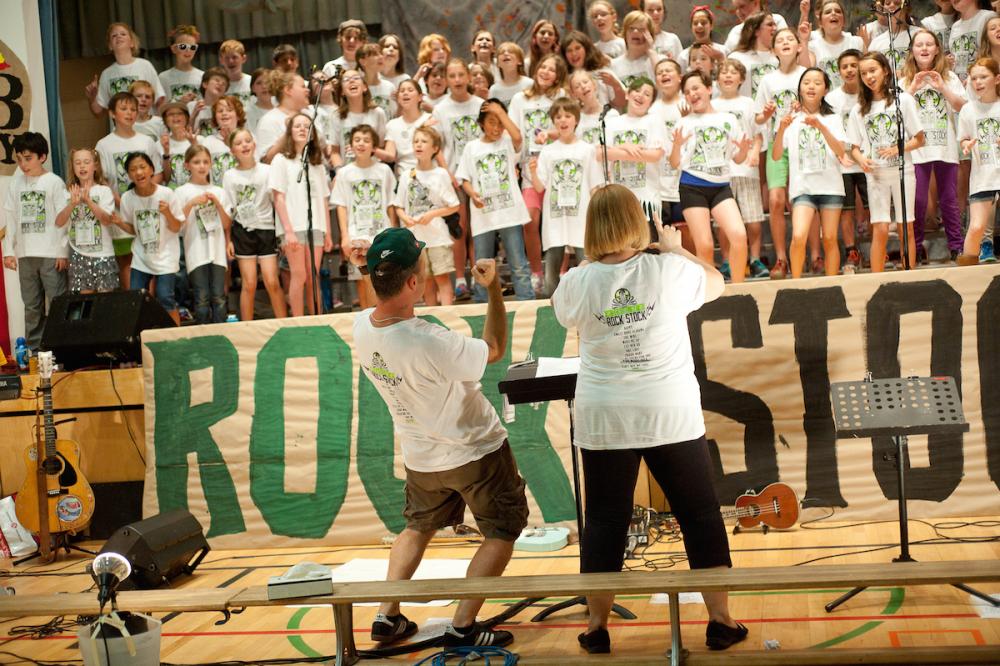 Motivational speakers hyping up crowd in gymnasium