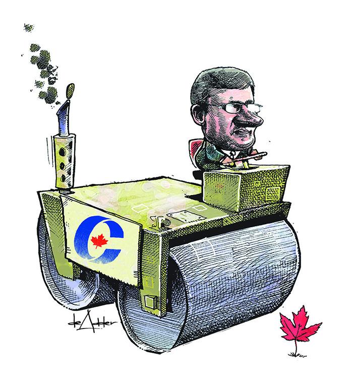 Comic of Stephen Harper riding on a steamroller about to run over maple leaf