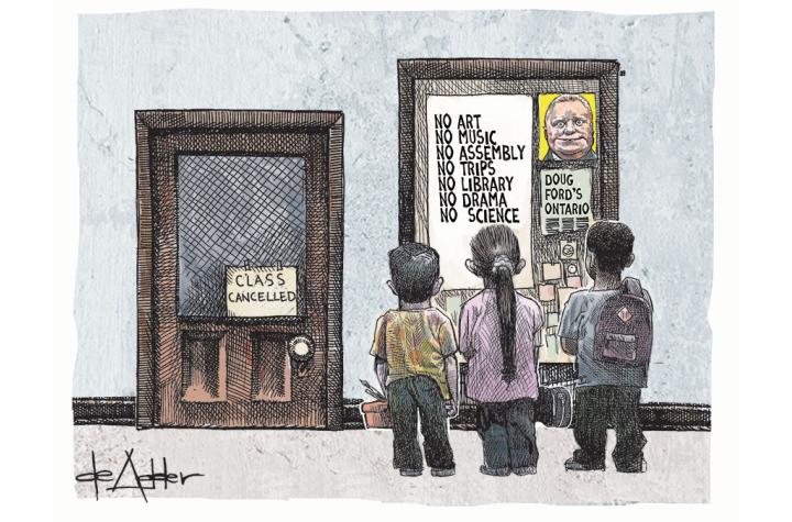 Illustration by Michael de Adder of students standing outside of cancelled class looking at board highlighting cancelled programs with Doug Ford's picture pinned above