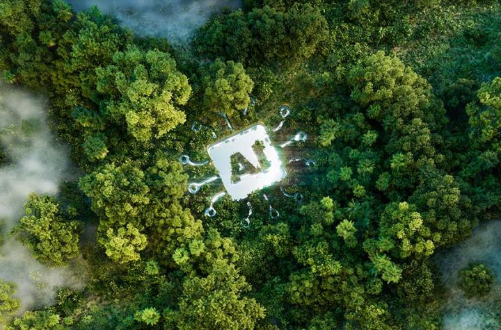 Graphic showing the word "AI" in the middle of a forest from the perspective of a satellite