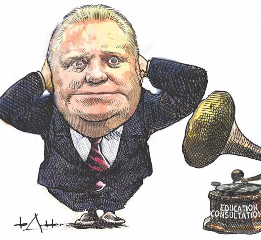 Illustration of Doug Ford covering ears standing next to speaker with "Education Consultations" written on it