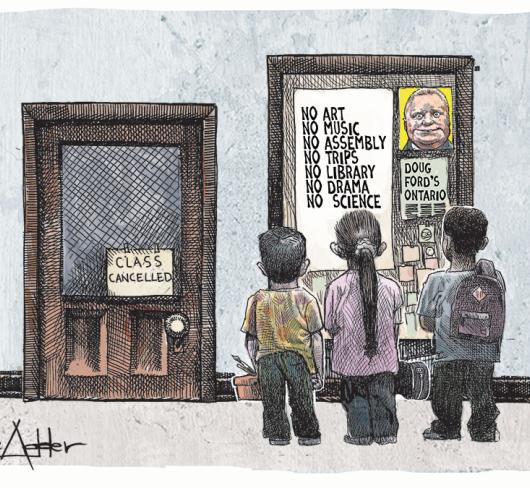 Illustration by Michael de Adder of students standing outside of cancelled class looking at board highlighting cancelled programs with Doug Ford's picture pinned above