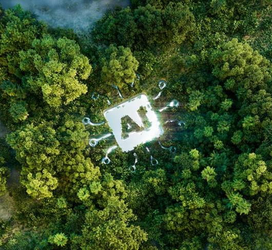 Graphic showing the word "AI" in the middle of a forest from the perspective of a satellite