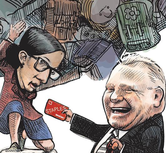 Cartoon showing Doug Ford handing a Staples gift card to a teacher who is holding a giant ball of classroom supplies and students