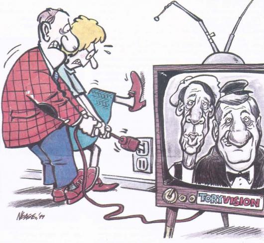 cartoon of people pulling plug on TV that has politicians on screen