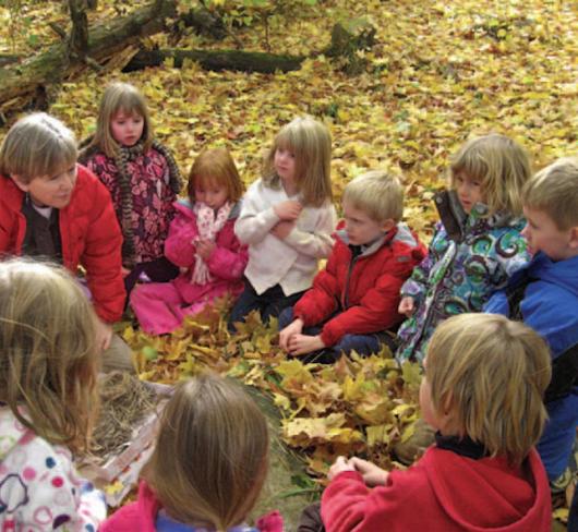 teacher sitting with young students in a circle on top of leaves outside
