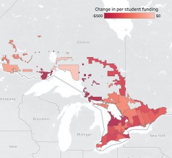 Change in per student funding in Ontario Public School Boards (Source: behindthenumbers.ca). Map of Ontario with change in student funding highlighted